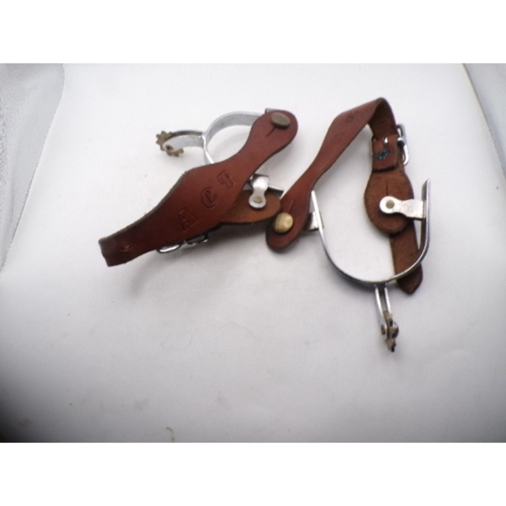 Vintage ACT Western Chrome Steel Spurs with Stamped Brown Leather Straps Pair